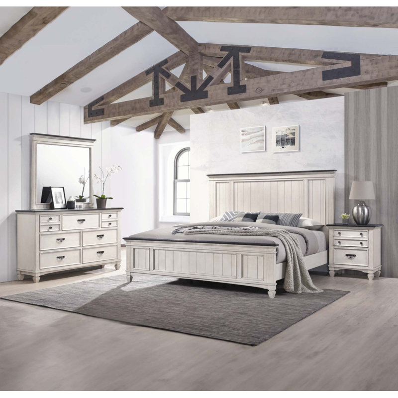 1Pc Rustic Industrial Style White Finish Queen Size Panel Bed W Built In Bench Footboard Solid Wood Wooden Bedroom Furniture